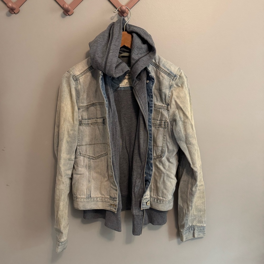 Abercrombie & Fitch Light Blue Denim Jacket with Dark Gray Hoodie